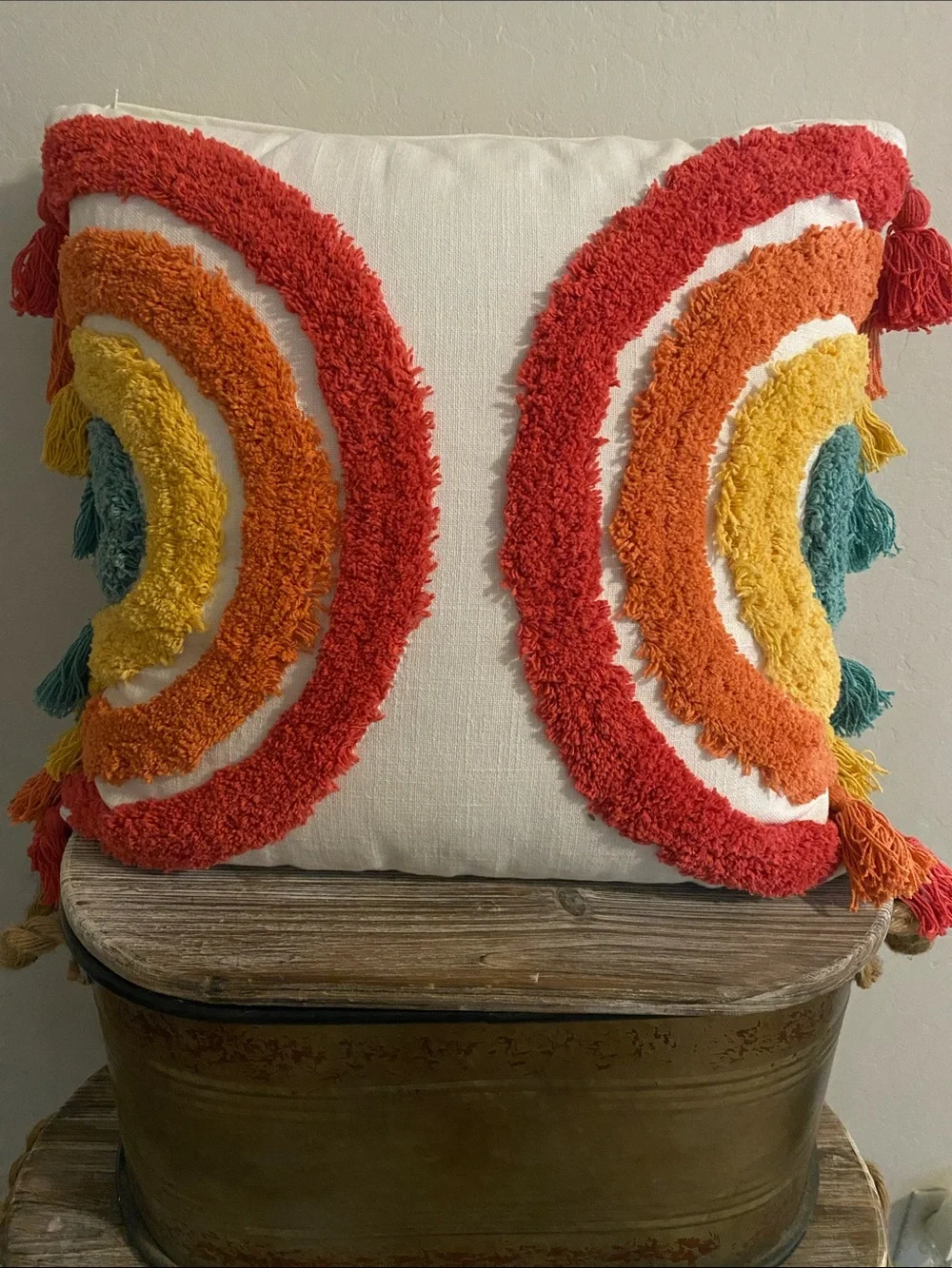 Colorful Tufted Rainbow Throw Pillow with Tassels